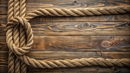 Fototapeta premium Aged wooden background with twisted rope, rustic vintage decor concept texture