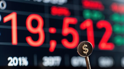 A close-up of a digital stock market display reveals fluctuating numbers, highlighting current financial data and the overall market performance within a bustling financial center