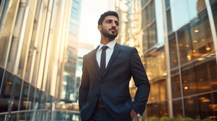 Fototapeta premium A confident man in a sleek suit stands in a modern cityscape, showcasing elegance amidst glass buildings under soft golden light.