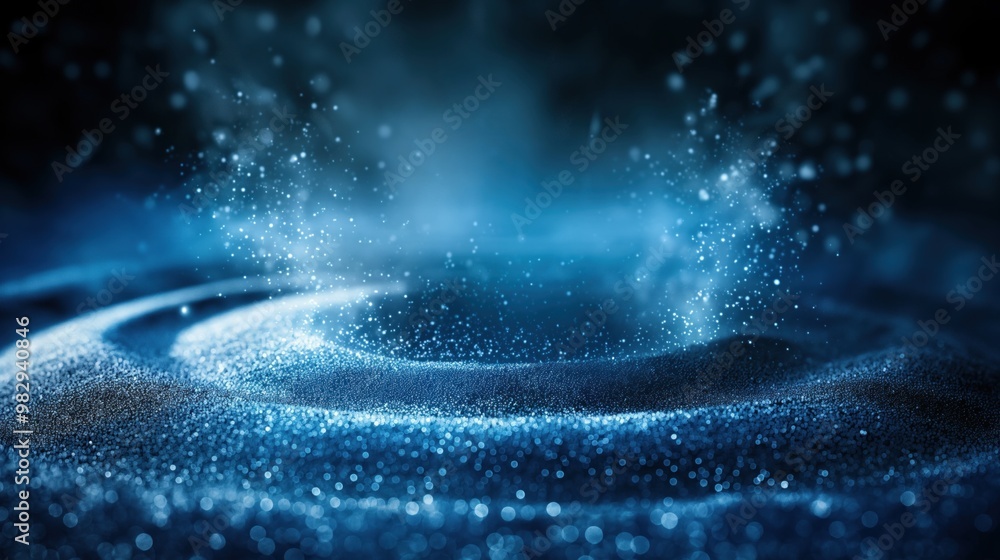 Poster ripples form as water droplets land on a tranquil surface, illuminated by soft blue light, creating 