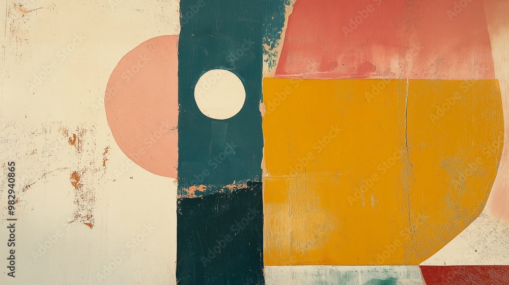 Poster a minimalist abstract painting with simple shapes and colors --ar 16:9 --v 6.1 job id: da109ee6-f748