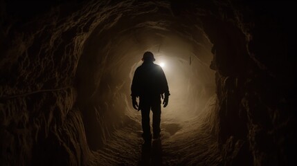 Fototapeta premium A lone individual explores a shadowy underground passageway, guided only by a distant light illuminating the rough stone walls