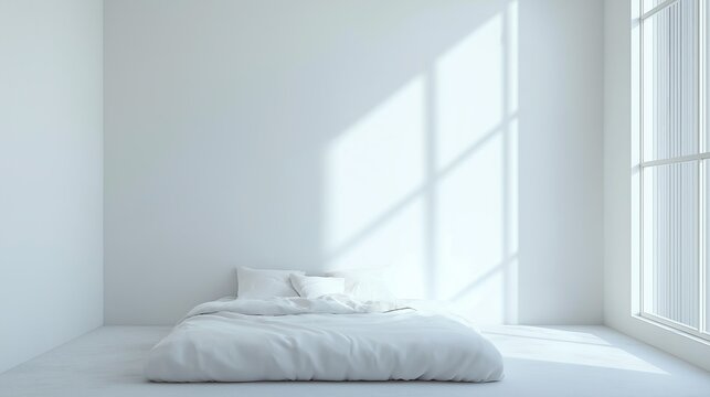 A minimalist bedroom with a single, plush bed