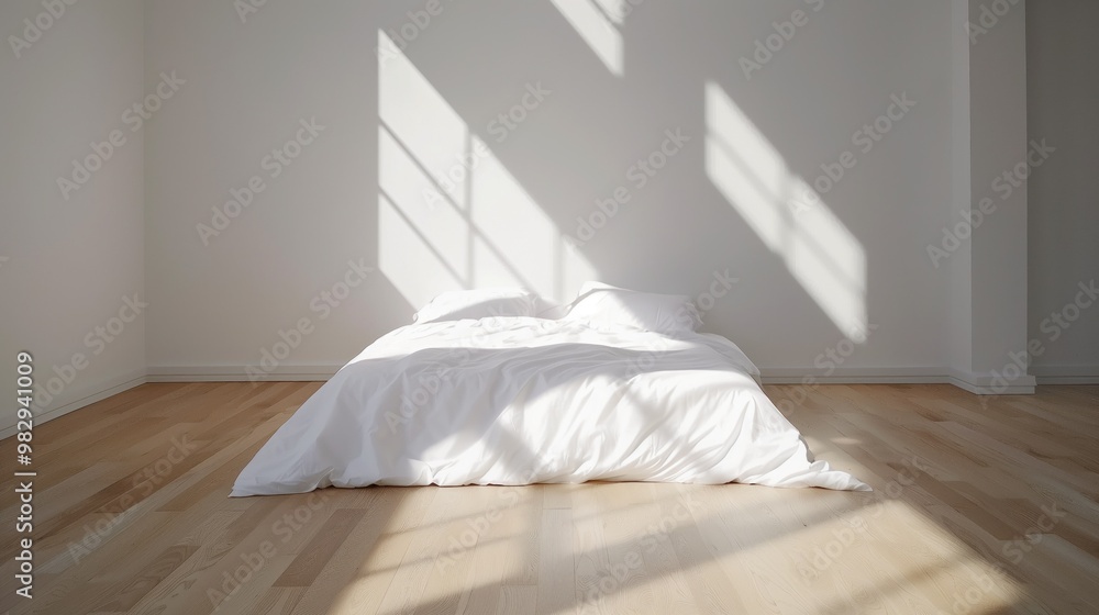 Poster sunlight streams through large windows, casting shadows across a minimalist bedroom with a neatly ma