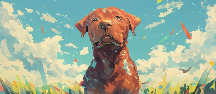 Painting of a brown dog relieving itself while looking directly at the viewer