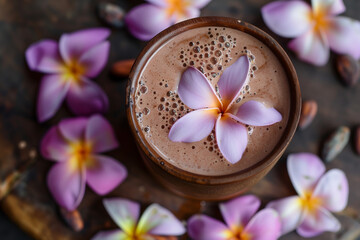 Freshly made cacao drink served in a beautiful wooden mug, decorated with fresh purple frangipani flower. Cozy, relaxing scene.  Concept of cacao ceremonies, health care and spiritual well-being.