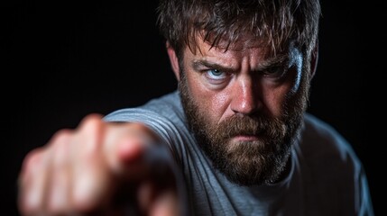 Obraz premium A determined man with a beard and piercing blue eyes points assertively towards the viewer, conveying a strong sense of urgency and emotion in a low-light setting