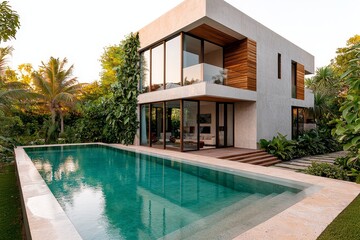 Modern Luxury Living Elegant Gray House with Pool in Tropical Oasis - Tranquil Architectural Retreat with Green Wall, Ideal for Real Estate Promotions and Lifestyle Editorials