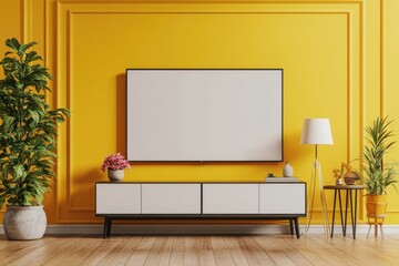 Modern Living Room with Smart TV Mockup on Yellow Wall Background
