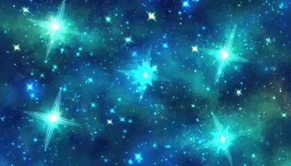 Fototapeta premium Light blue and green 2D cartoon cover featuring sparkling astronomical stars An abstract glitter illustration with vibrant cosmic stars ideal for futuristic advertisements and booklets