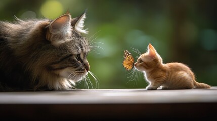 A small orange kitten stares intently at a vibrant butterfly hovering in front of a large gray cat, set against a softly lit garden backdrop filled with greenery