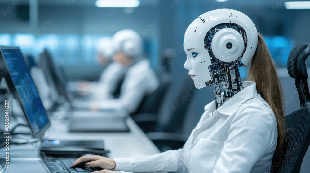 Poster a series of humanoid robots are engaged in tasks at individual workstations, featuring sleek designs