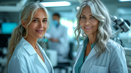 Two Confident Female Scientists in Lab Coats Collaborate in a Modern Laboratory Setting