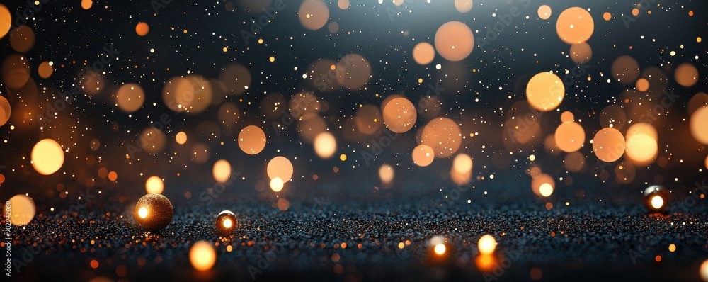 Poster beautiful bokeh background with soft glowing lights and particles, dark atmosphere.
