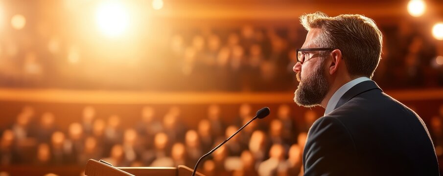 Businessman giving speech on stage with audience in soft focus behind him.