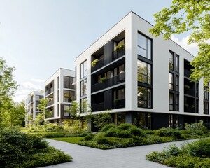 Fototapeta premium Modern Urban Oasis Contemporary Apartment Complex with Lush Greenery, Serene Architecture, and Sunlit Pathway Architectural Photography for Real Estate Marketing and Design Inspiration
