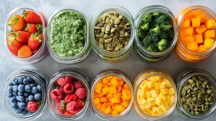 Colorful Array of Fresh Fruits, Vegetables, and Seeds in Jars