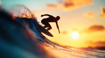 A silhouette of a surfer riding a wave, with the sun setting in the background.