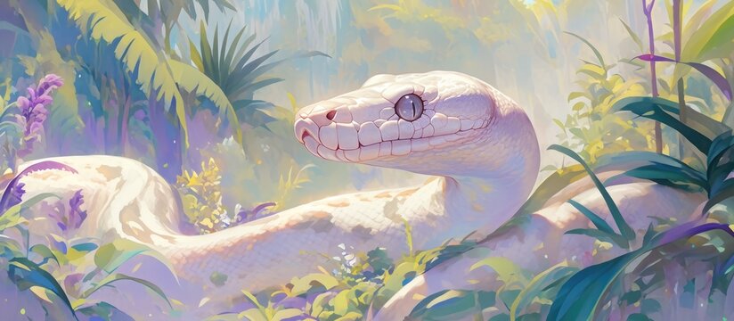 Close up painting of an Albino Lavender Tiger Python in a natural outdoor setting