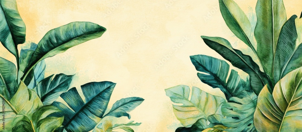 Poster tropical leaves painting with ample empty space for text or graphics