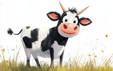 painted drawing illustration of cow. Happy pretty funny. On white background. Kids book style 