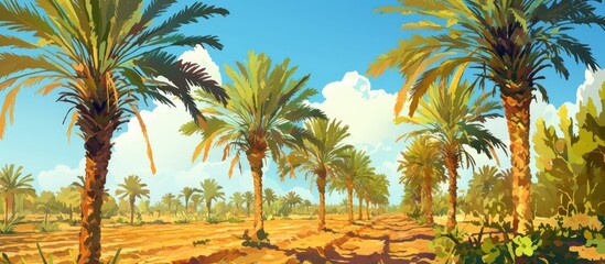 Painting depicting the cultivation of date palms for healthy food production The dates industry is rapidly advancing in arid agricultural regions