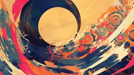 Artistic painting of a banner featuring a spiral and a vibrant pink circle serving as a graphic design element with a spiraled background