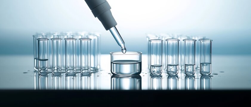 Precise Science Close-up of Pipette Dropping Liquid into Glass Beaker in Laboratory Setting. Meticulous Experimentation Concept, Cool Blue Palette. Reflective Surfaces and Orderly Test Tubes.