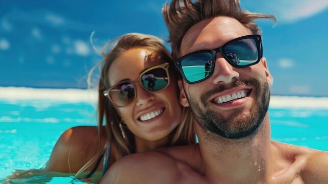 A happy couple poses together in sparkling turquoise water, wearing sunglasses and smiling broadly. The bright sunlight enhances their joyful expressions on a beautiful day by the beach - Powered by Adobe