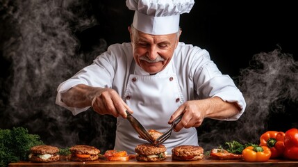 A seasoned chef expertly garnishes gourmet burgers with fresh vegetables and herbs in a bustling kitchen, showcasing culinary artistry and passion for food