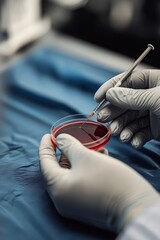 Scientific Precision Close-Up of Gloved Hand Holding Petri Dish with Red Liquid, Syringe Inserted - Laboratory Experiment Concept for Biotechnology Research