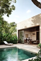 Fototapeta premium Tranquil Oasis Luxury Swimming Pool in Tropical Paradise with Modern Architecture and Lush Foliage Serene Vacation Retreat