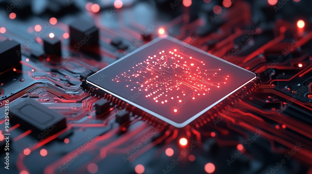 Poster a close up of a computer chip, with circuits and data flowing through its intricate network.