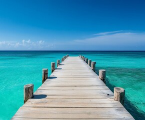 A wooden pier with a blue ocean in the background