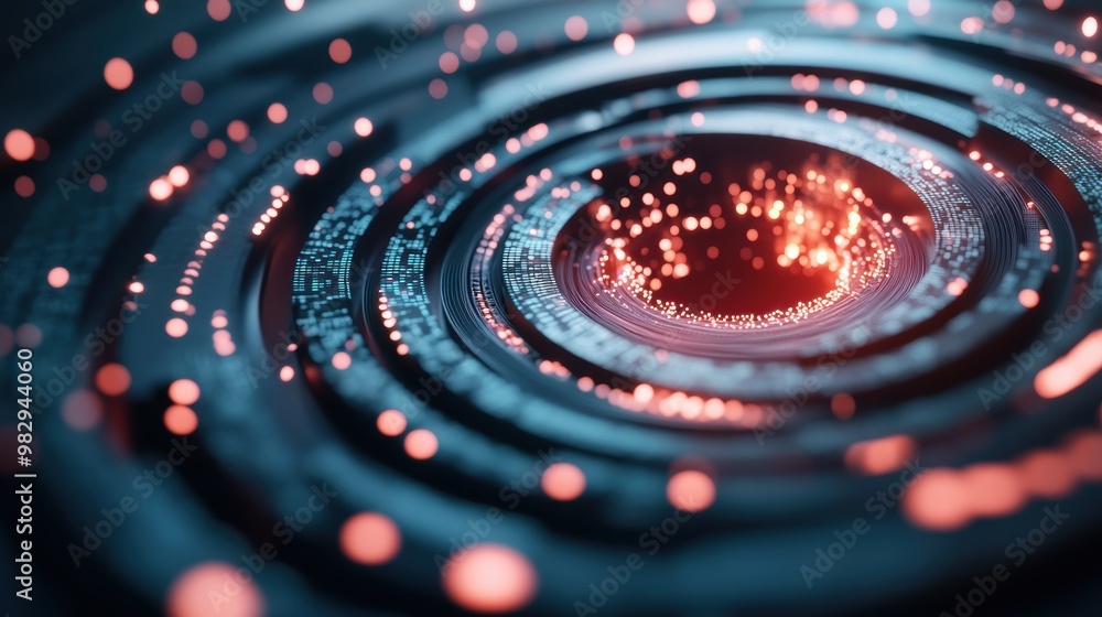 Poster a representation of artificial intelligence, with swirling patterns and glowing shapes.