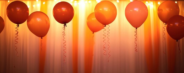 Obraz premium Colorful orange balloons hanging at a festive event with soft glowing lights.
