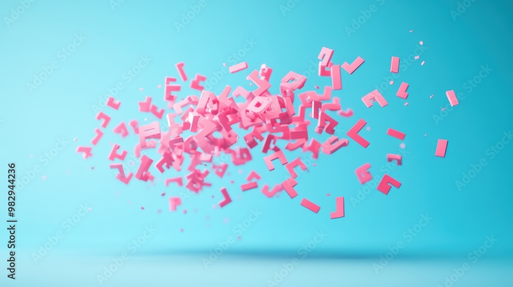 Poster a collection of letters flying through the air, creating a dynamic and abstract composition.