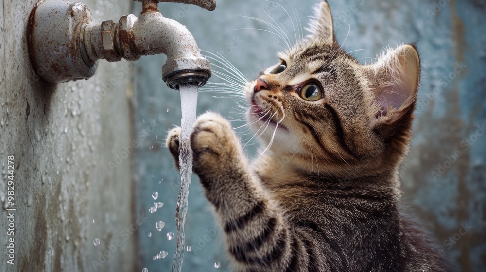 Poster a mischievous cat playing with water from a faucet, batting at the dripping stream with excitement a