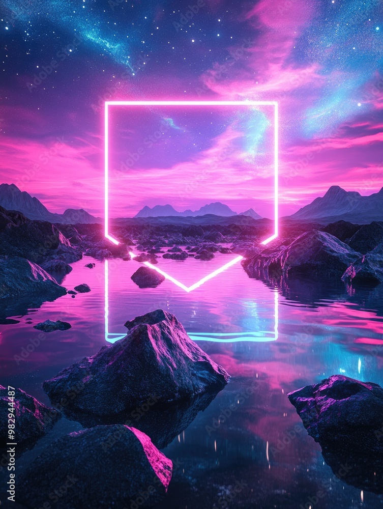 Poster fantasy 3d render featuring an abstract neon background with rhombus shapes a square frame and an ot
