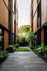 Fototapeta premium Tranquil Urban Oasis Symmetrical Walkway with Green Space, Modern Buildings, Earthy Tones. Peaceful Architecture Photo for Design, Real Estate, Inspiration