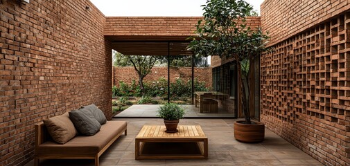 Serene Outdoor Living Oasis Symmetrical Wooden Furniture in Brick Enclosure, Tranquil Garden View Relaxing Home Decor Inspiration