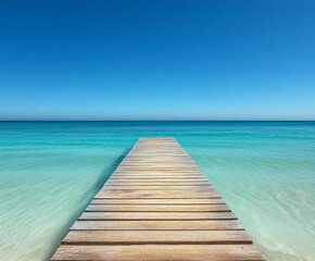 Fototapeta premium A wooden pier is in front of a blue ocean