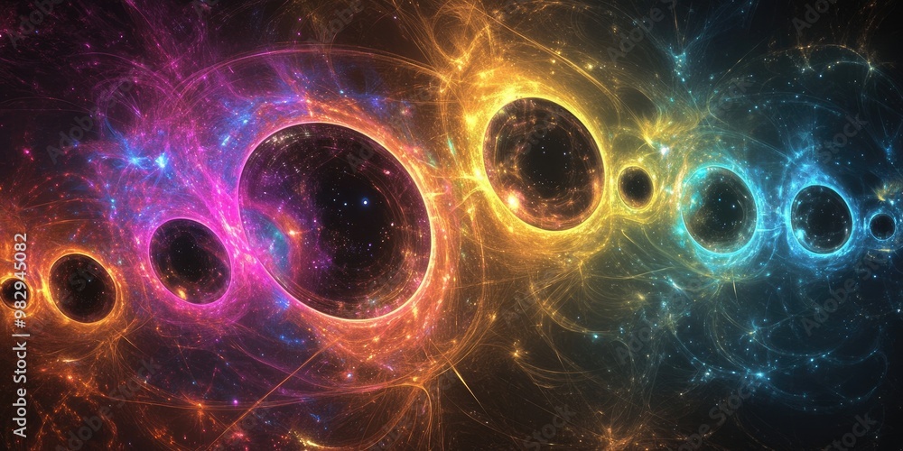 Poster abstract fractal background featuring interlinked rings with luminous centers and stars showcasing a