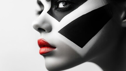 Close up Portrait of a Woman with Black and White Face Paint