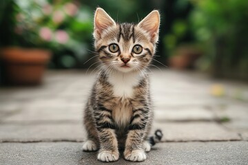 A cute tabby kitten sits on a gray stone path with a blurry green background.