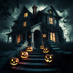 A halloween scene with pumpkins, a full moon and castle in the background.