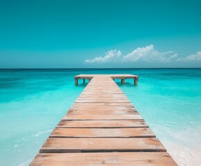 Obraz premium A wooden pier is in the water with a beautiful blue ocean in the background