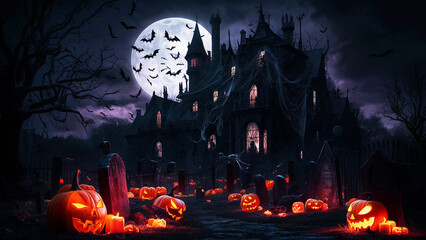 A halloween scene with pumpkins, a full moon and castle in the background.