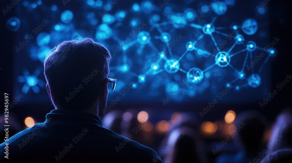 Poster person observing digital data visualization on a large screen.
