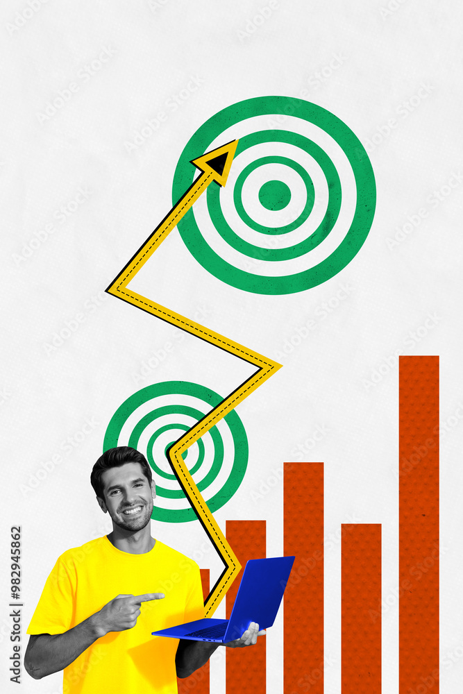 Poster vertical photo collage of happy businessman point index finger laptop freelancer progress arrow targ